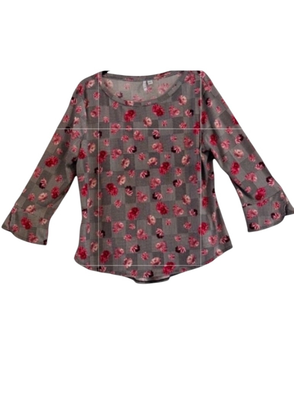 Elle Floral Houndstooth Plaid Long Sleeve Bell Cuff Knit Top Size L